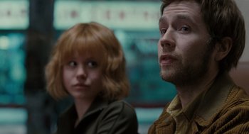 Movie still from “Scott Pilgrim vs. the World” (2010), directed by Edgar Wright – A man and a woman looking at the camera; Close Up shot, Over the shoulder angle