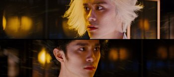 Movie still from “Scott Pilgrim vs. the World” (2010), directed by Edgar Wright – Two pictures of a young man with long white hair; Close Up shot, Low angle