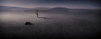 Movie still from “Scott Pilgrim vs. the World” (2010), directed by Edgar Wright – A cactus in the middle of an empty desert; Extreme Wide shot, High angle