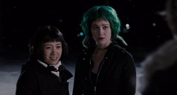 Movie still from “Scott Pilgrim vs. the World” (2010), directed by Edgar Wright – Two women with green hair standing next to each other; Medium shot, Over the shoulder angle