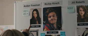 Movie still from “Scream VI” (2023), directed by Matt Bettinelli-Olpin – A wall with two pictures of people on it; Extreme Close Up shot, High angle