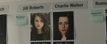 Movie still from “Scream VI” (2023), directed by Matt Bettinelli-Olpin – A couple of pictures of a woman with long hair; Extreme Close Up shot, Overhead angle