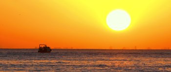 Movie still from “Seaspiracy” (2021), directed by Ali Tabrizi – A boat in the ocean at sunset with the sun in the background; Extreme Wide shot, Low angle