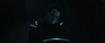 Movie still from “Secret Headquarters” (2022), directed by Henry Joost – A man with duct tape over his mouth and eyes; Close Up shot, Low angle