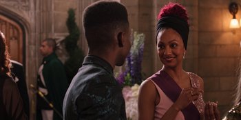 Movie still from “Secret Society of Second Born Royals” (2020), directed by Anna Mastro – A man and a woman talking to each other; Close Up shot, Over the shoulder angle