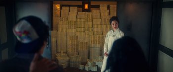 A woman standing in front of a wall full of boxes