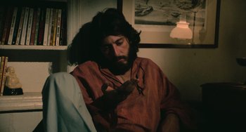 Movie still from “Serpico” (1973), directed by Sidney Lumet – A bearded man sitting in a chair with a lizard on his lap; Medium shot, Low angle
