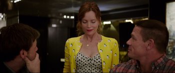 Movie still from “Blockers” (2018), directed by Kay Cannon – A woman in a floral dress and a yellow jacket; Medium shot, Over the shoulder angle