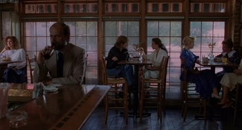 Movie still from “Sex, Lies, and Videotape” (1989), directed by Steven Soderbergh – A group of people sitting at a table in front of a window; Wide shot, Over the shoulder angle