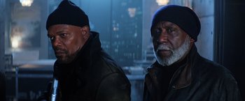 Movie still from “Shaft” (2019), directed by Tim Story – Two black men standing next to each other in the dark; Close Up shot, Low angle
