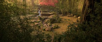 Movie still from “Shang-Chi and the Legend of the Ten Rings” (2021), directed by Destin Daniel Cretton – A small waterfall in the middle of a forest; Extreme Wide shot, High angle