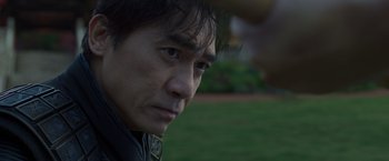 Movie still from “Shang-Chi and the Legend of the Ten Rings” (2021), directed by Destin Daniel Cretton – A man's face in a grassy area; Close Up shot, Over the shoulder angle
