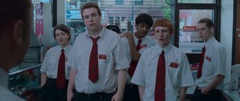 Movie still from “Shaun of the Dead” (2004), directed by Edgar Wright – Medium shot, Low angle