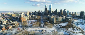 Movie still from “Shazam!” (2019), directed by David F. Sandberg – An aerial view of a city with snow on the ground; Extreme Wide shot, High angle