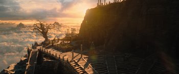 Movie still from “Shazam! Fury of the Gods” (2023), directed by David F. Sandberg – An image of an outdoor theater in the middle of the day; Extreme Wide shot, Low angle