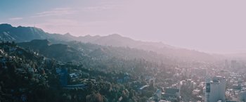 Movie still from “Shelter in Place” (2021), directed by Connor Martin – A view of a city from a hill with trees; Extreme Wide shot, High angle
