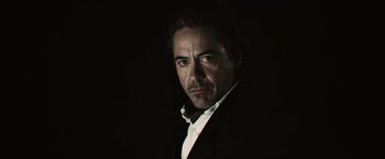 Movie still from “Sherlock Holmes: A Game of Shadows” (2011), directed by Guy Ritchie – A person wearing a suit and tie; Close Up shot, Low angle