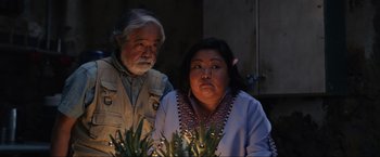 Movie still from “Shotgun Wedding” (2022), directed by Jason Moore – An older man and a younger woman looking at each other; Close Up shot, Low angle