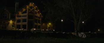 Movie still from “Sick” (2022), directed by John Hyams – A night scene of a log cabin and a tree; Extreme Wide shot, Low angle