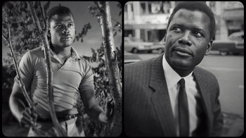 Movie still from “Sidney” (2022), directed by Reginald Hudlin – Two black and white photographs of a man in a suit and tie; Close Up shot, Low angle