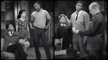 Movie still from “Sidney” (2022), directed by Reginald Hudlin – A black and white photo of a group of people; Medium shot, Low angle