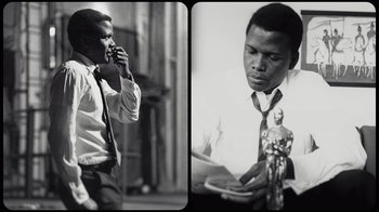 Movie still from “Sidney” (2022), directed by Reginald Hudlin – A black and white photo of a man talking on a cell phone; Close Up shot, Low angle