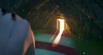 Movie still from “Sing 2” (2021), directed by Christophe Lourdelet – A doorway leading into a cave lit by a flashlight; Extreme Wide shot, High angle