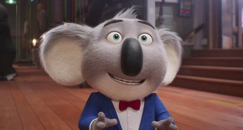 Movie still from “Sing 2” (2021), directed by Christophe Lourdelet – The head and shoulders of a stuffed koala; Close Up shot, Low angle