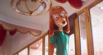 Movie still from “Sing 2” (2021), directed by Christophe Lourdelet – A woman with glasses is standing in front of a window; Medium shot, Over the shoulder angle