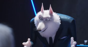 Movie still from “Sing 2” (2021), directed by Christophe Lourdelet – A white dog wearing a suit and tie; Close Up shot, High angle