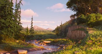 Movie still from “Sing 2” (2021), directed by Christophe Lourdelet – A painting of a river and a forest; Extreme Wide shot, High angle