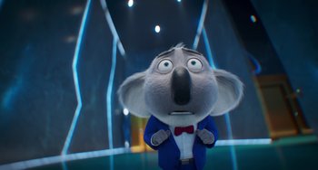 Movie still from “Sing 2” (2021), directed by Christophe Lourdelet – The head of a stuffed animal; Medium shot, Low angle
