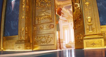 Movie still from “Sing 2” (2021), directed by Christophe Lourdelet – A woman standing in front of an open golden door; Wide shot, Low angle