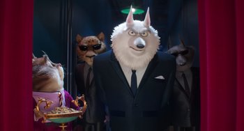 Movie still from “Sing 2” (2021), directed by Christophe Lourdelet – A man in a suit and some other animals; Medium shot, Low angle