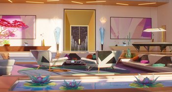 Movie still from “Sing 2” (2021), directed by Christophe Lourdelet – A living room filled with lots of furniture and a window; Extreme Wide shot, High angle