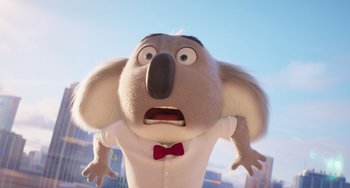 Movie still from “Sing 2” (2021), directed by Christophe Lourdelet – An image of an animated character with a surprised look on his face; Close Up shot, Low angle