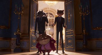 Movie still from “Sing 2” (2021), directed by Christophe Lourdelet – A group of cats standing next to each other in front of a door; Wide shot, Low angle