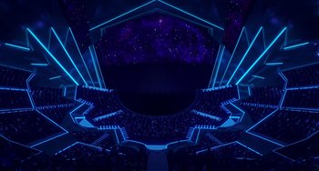Movie still from “Sing 2” (2021), directed by Christophe Lourdelet – An audience is sitting in the middle of a stage; Extreme Wide shot, High angle