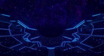 Movie still from “Sing 2” (2021), directed by Christophe Lourdelet – An audience is sitting in a theater at night; Extreme Wide shot, High angle