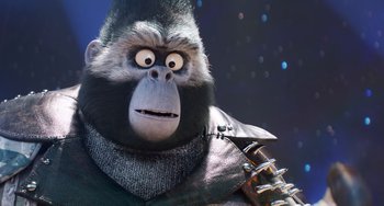 Movie still from “Sing 2” (2021), directed by Christophe Lourdelet – A monkey with a black jacket and a black hat; Close Up shot, Low angle
