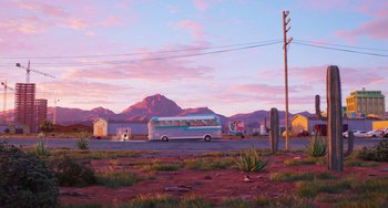 Movie still from “Sing 2” (2021), directed by Christophe Lourdelet – A bus driving down a street near a telephone pole; Extreme Wide shot, Low angle