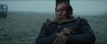 Movie still from “Sisu” (2022), directed by Jalmari Helander – A man with a scar on his face holding a lizard; Close Up shot, Low angle