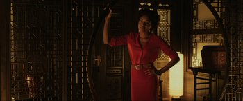 Movie still from “Skyfall” (2012), directed by Sam Mendes – A woman in a red dress posing for a picture; Medium shot, Low angle
