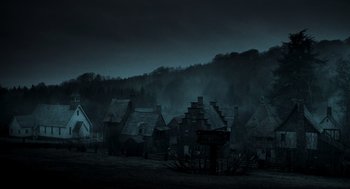 Movie still from “Sleepy Hollow” (1999), directed by Tim Burton – A lot of smoke in the air; Extreme Wide shot, High angle