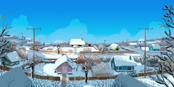Movie still from “Snoopy Presents: For Auld Lang Syne” (2021), directed by Clay Kaytis – An illustration of houses in the snow with trees in the background; Extreme Wide shot, Low angle