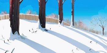 Movie still from “Snoopy Presents: For Auld Lang Syne” (2021), directed by Clay Kaytis – A painting of trees in the snow near a fence; Extreme Wide shot, Low angle