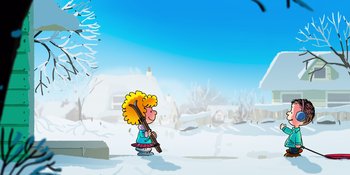 Movie still from “Snoopy Presents: For Auld Lang Syne” (2021), directed by Clay Kaytis – A cartoon of a girl holding a broom in the snow; Extreme Wide shot, Over the shoulder angle