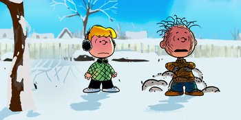Movie still from “Snoopy Presents: For Auld Lang Syne” (2021), directed by Clay Kaytis – A cartoon of a boy and a girl in the snow; Medium shot, Low angle