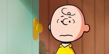 Movie still from “Snoopy Presents: For Auld Lang Syne” (2021), directed by Clay Kaytis – A cartoon of charlie brown looking sad at a door; Close Up shot, Over the shoulder angle