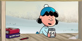 Movie still from “Snoopy Presents: For Auld Lang Syne” (2021), directed by Clay Kaytis – A girl sitting at a table holding a can of soda; Close Up shot, High angle